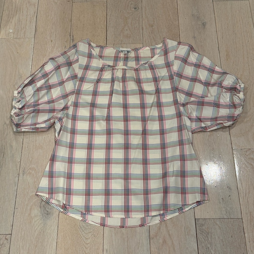 Steven Alan White and Rainbow Plaid Silk Puff Sleeve Top sz Small